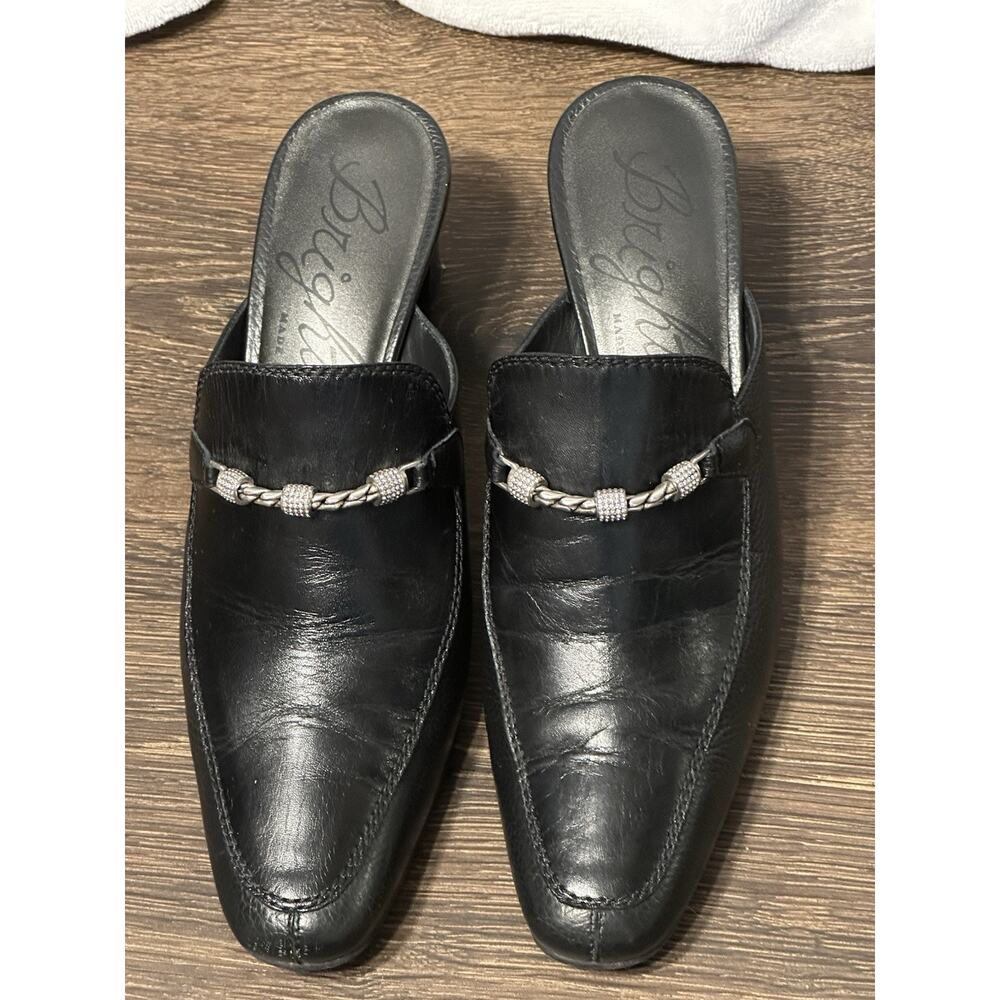 Brighton Teah Womens 8M Black Textured Leather Silver Beaded Chain Mules Italy